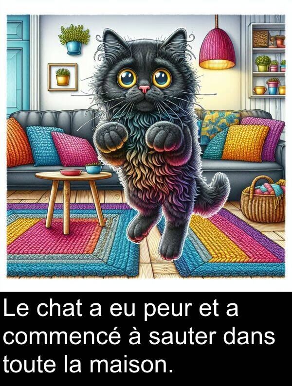 maison: Le chat a eu peur et a commencé à sauter dans toute la maison.