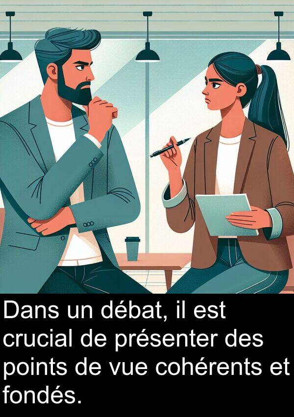 débat: Dans un débat, il est crucial de présenter des points de vue cohérents et fondés.