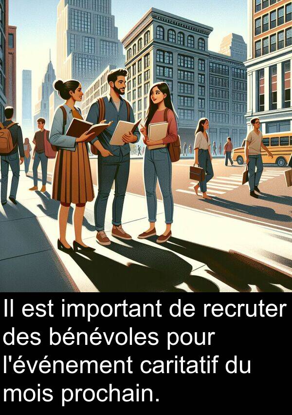 important: Il est important de recruter des bénévoles pour l'événement caritatif du mois prochain.