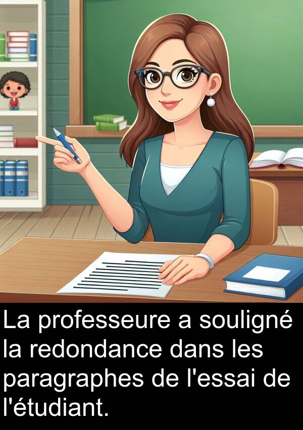 redondance: La professeure a souligné la redondance dans les paragraphes de l'essai de l'étudiant.
