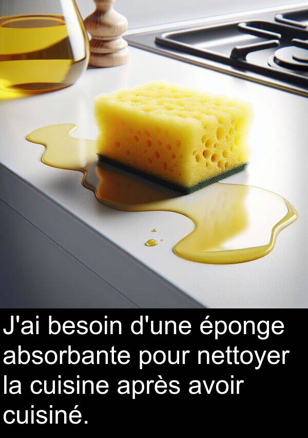 besoin: J'ai besoin d'une éponge absorbante pour nettoyer la cuisine après avoir cuisiné.
