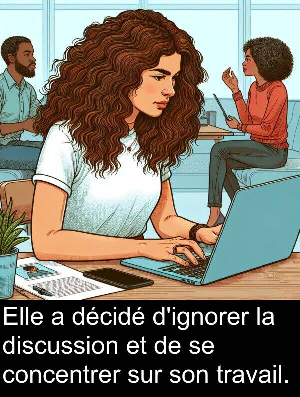 décidé: Elle a décidé d'ignorer la discussion et de se concentrer sur son travail.