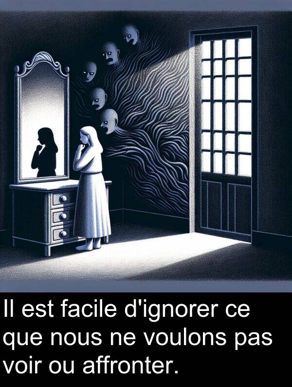 affronter: Il est facile d'ignorer ce que nous ne voulons pas voir ou affronter.
