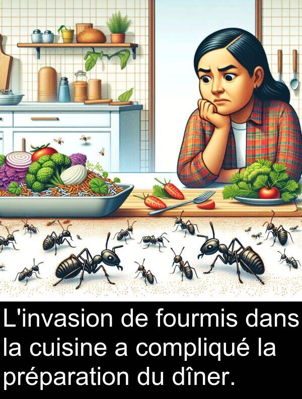compliqué: L'invasion de fourmis dans la cuisine a compliqué la préparation du dîner.