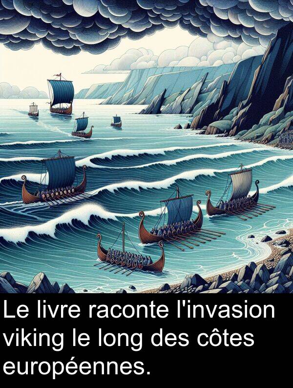raconte: Le livre raconte l'invasion viking le long des côtes européennes.
