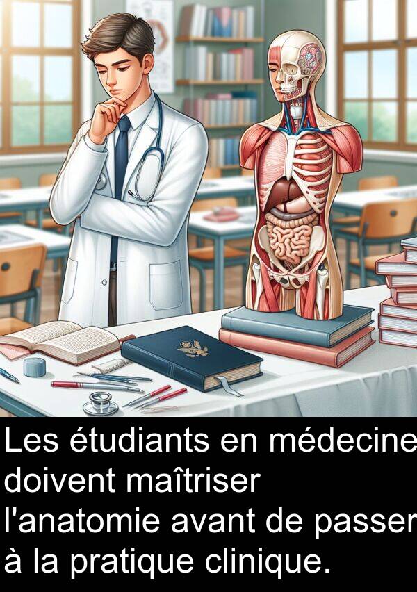 avant: Les étudiants en médecine doivent maîtriser l'anatomie avant de passer à la pratique clinique.