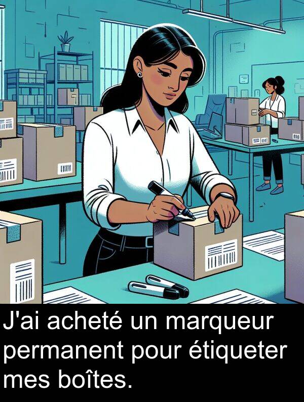 mes: J'ai acheté un marqueur permanent pour étiqueter mes boîtes.