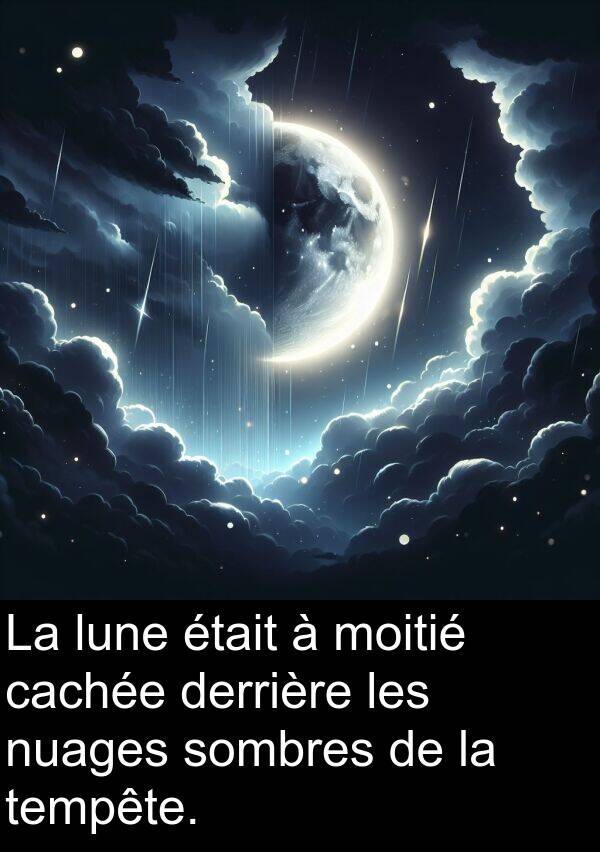 lune: La lune était à moitié cachée derrière les nuages sombres de la tempête.