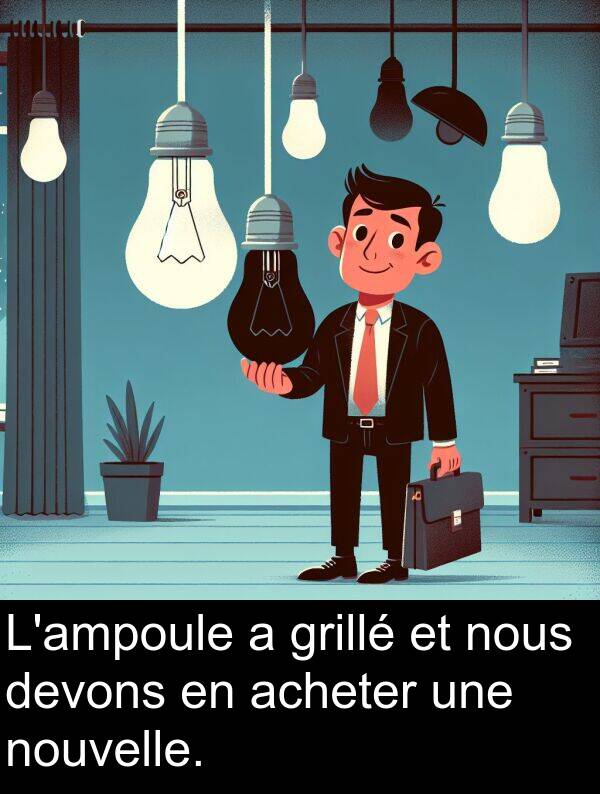 nous: L'ampoule a grillé et nous devons en acheter une nouvelle.