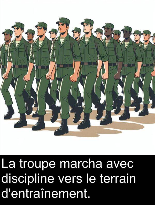 troupe: La troupe marcha avec discipline vers le terrain d'entraînement.