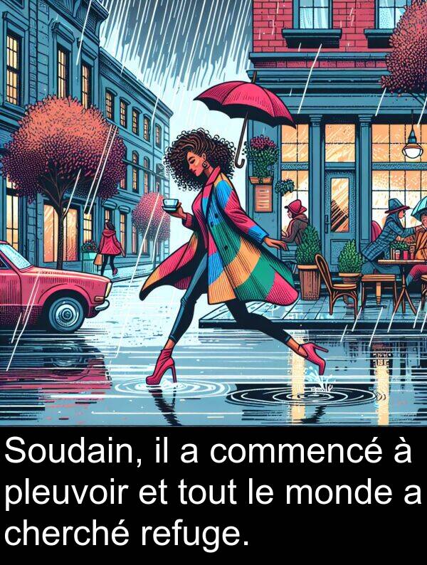 commencé: Soudain, il a commencé à pleuvoir et tout le monde a cherché refuge.