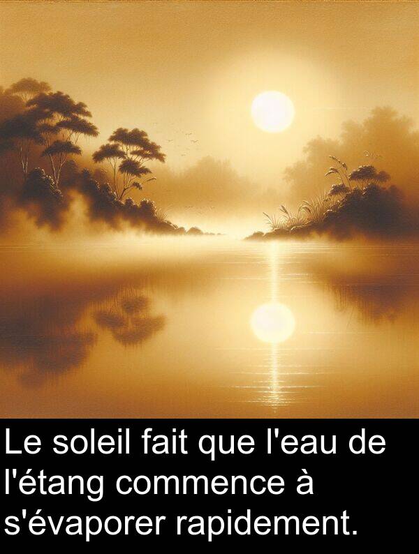 rapidement: Le soleil fait que l'eau de l'étang commence à s'évaporer rapidement.