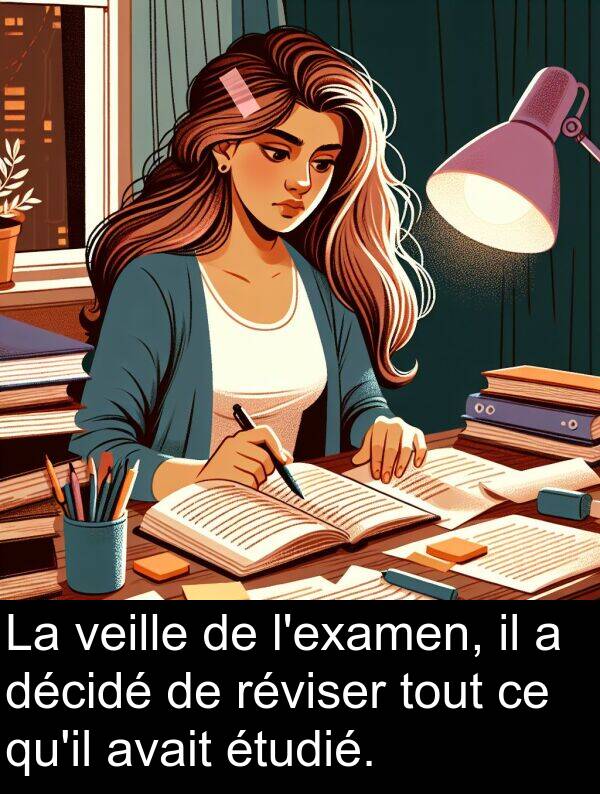 décidé: La veille de l'examen, il a décidé de réviser tout ce qu'il avait étudié.