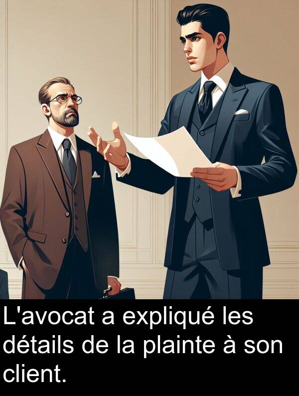 expliqué: L'avocat a expliqué les détails de la plainte à son client.