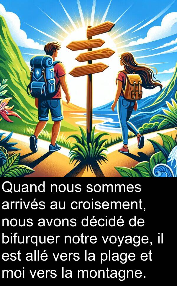 décidé: Quand nous sommes arrivés au croisement, nous avons décidé de bifurquer notre voyage, il est allé vers la plage et moi vers la montagne.