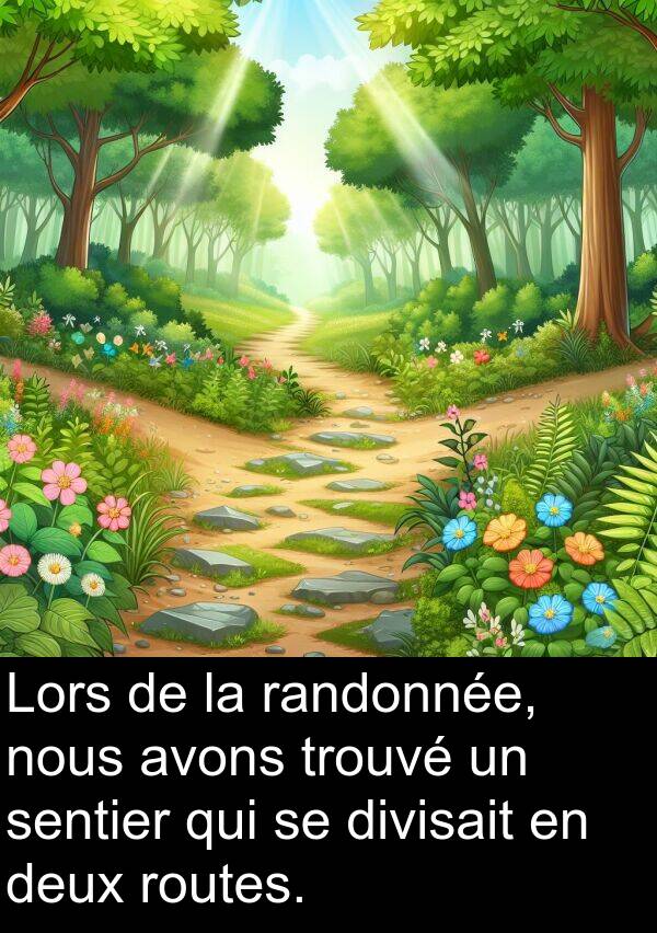 trouvé: Lors de la randonnée, nous avons trouvé un sentier qui se divisait en deux routes.