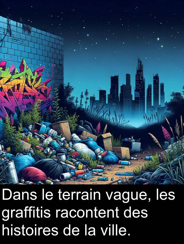 racontent: Dans le terrain vague, les graffitis racontent des histoires de la ville.