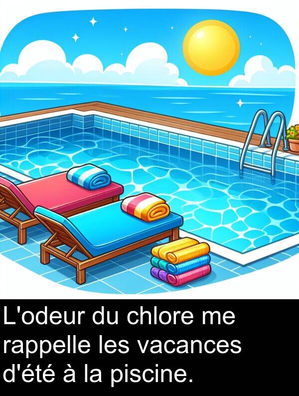rappelle: L'odeur du chlore me rappelle les vacances d'été à la piscine.