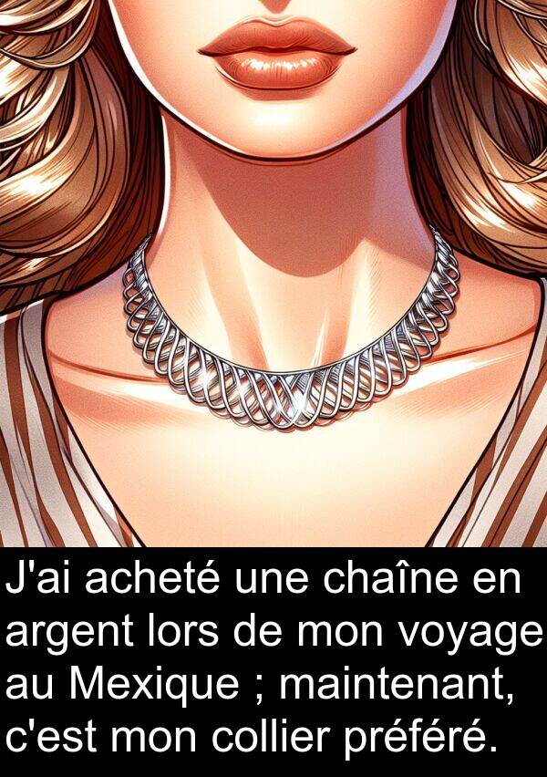 voyage: J'ai acheté une chaîne en argent lors de mon voyage au Mexique ; maintenant, c'est mon collier préféré.