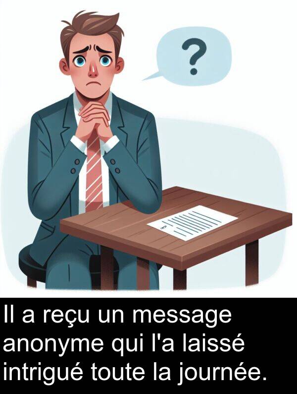 journée: Il a reçu un message anonyme qui l'a laissé intrigué toute la journée.