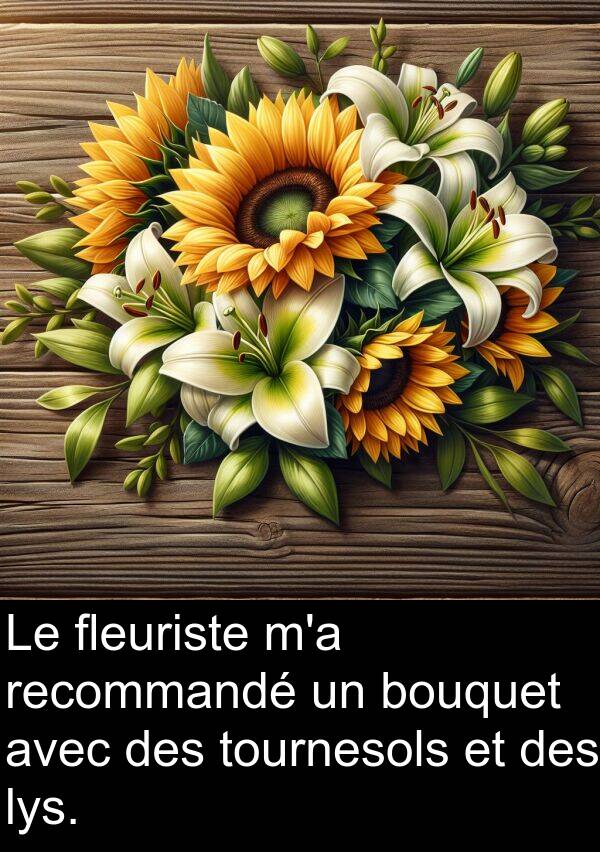 fleuriste: Le fleuriste m'a recommandé un bouquet avec des tournesols et des lys.
