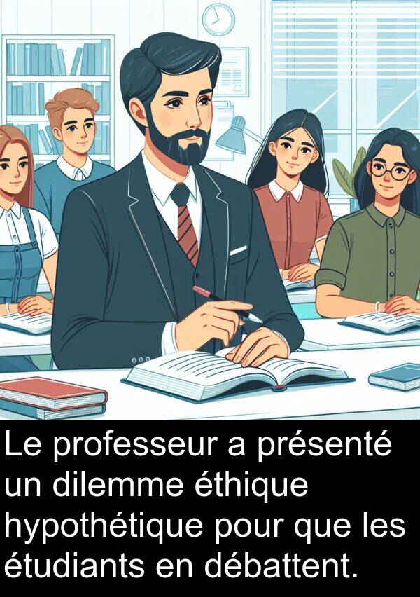 débattent: Le professeur a présenté un dilemme éthique hypothétique pour que les étudiants en débattent.