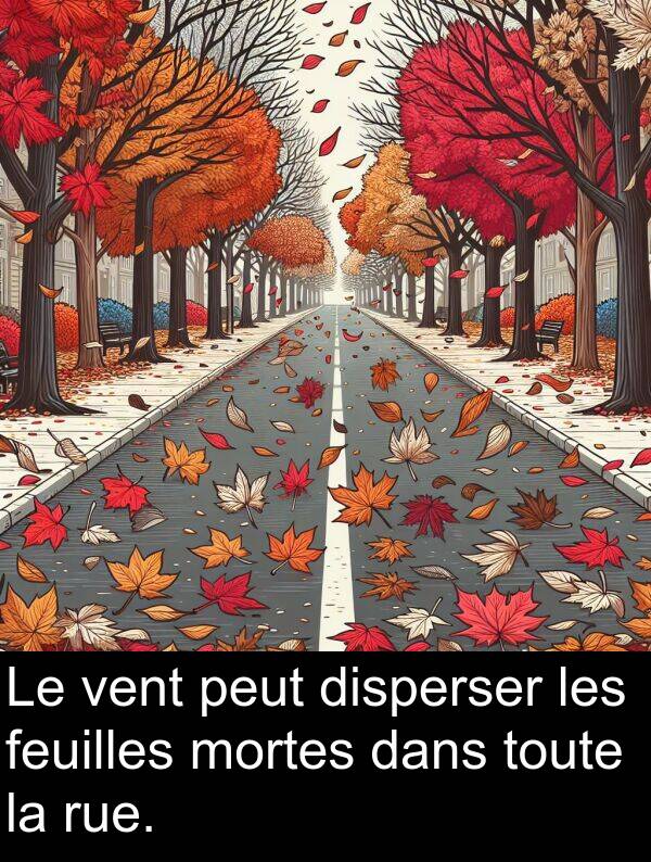 vent: Le vent peut disperser les feuilles mortes dans toute la rue.