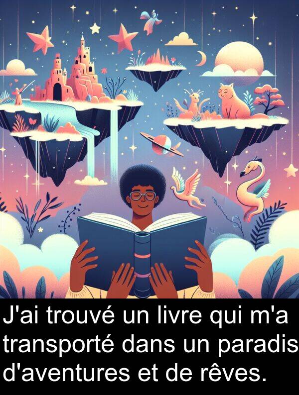 trouvé: J'ai trouvé un livre qui m'a transporté dans un paradis d'aventures et de rêves.