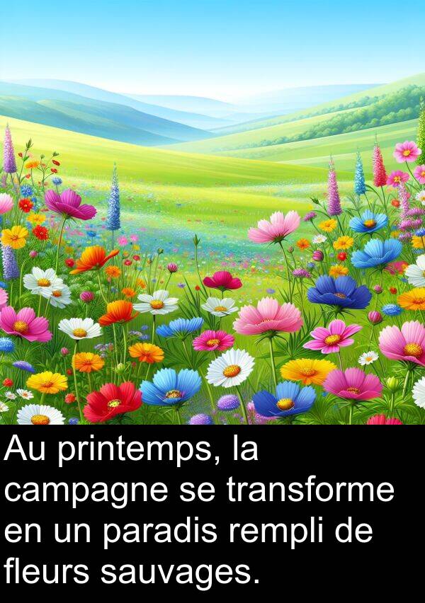 campagne: Au printemps, la campagne se transforme en un paradis rempli de fleurs sauvages.