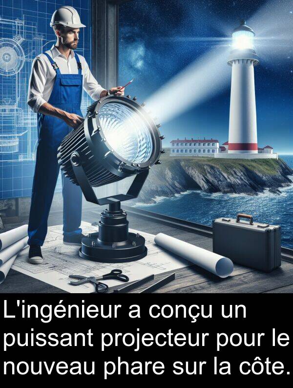 conçu: L'ingénieur a conçu un puissant projecteur pour le nouveau phare sur la côte.