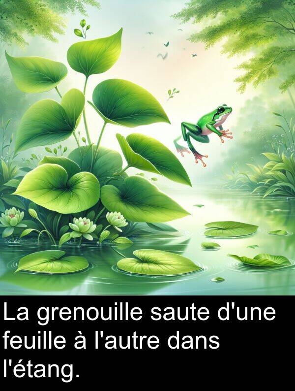 saute: La grenouille saute d'une feuille à l'autre dans l'étang.
