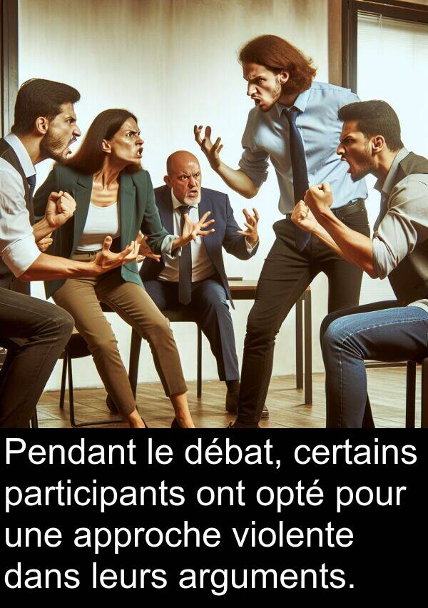 débat: Pendant le débat, certains participants ont opté pour une approche violente dans leurs arguments.
