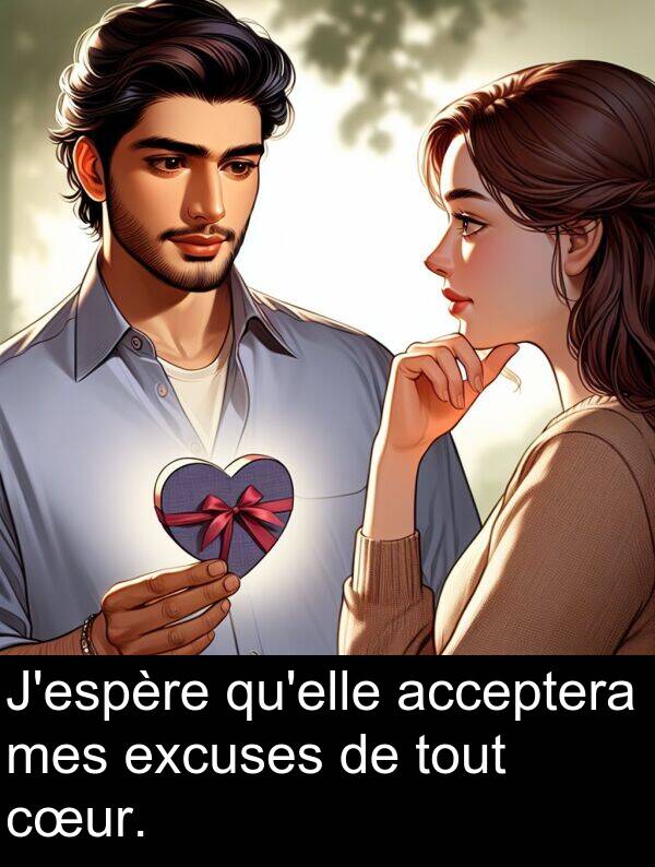 acceptera: J'espère qu'elle acceptera mes excuses de tout cœur.