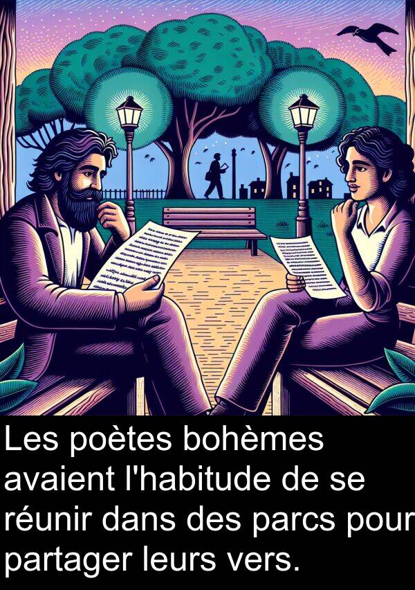 leurs: Les poètes bohèmes avaient l'habitude de se réunir dans des parcs pour partager leurs vers.