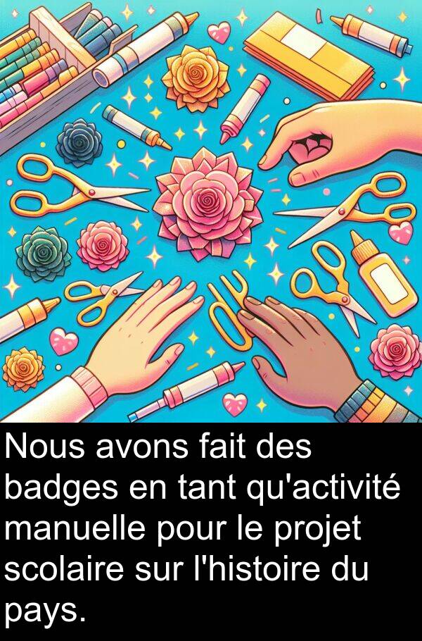 badges: Nous avons fait des badges en tant qu'activité manuelle pour le projet scolaire sur l'histoire du pays.