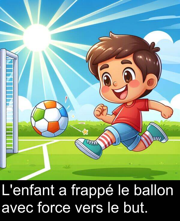 ballon: L'enfant a frappé le ballon avec force vers le but.
