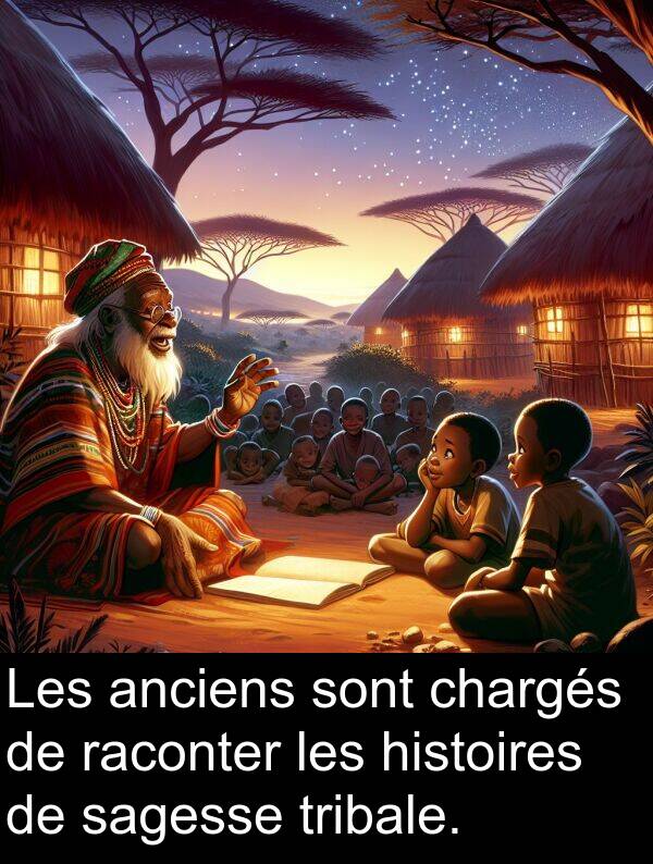 raconter: Les anciens sont chargés de raconter les histoires de sagesse tribale.