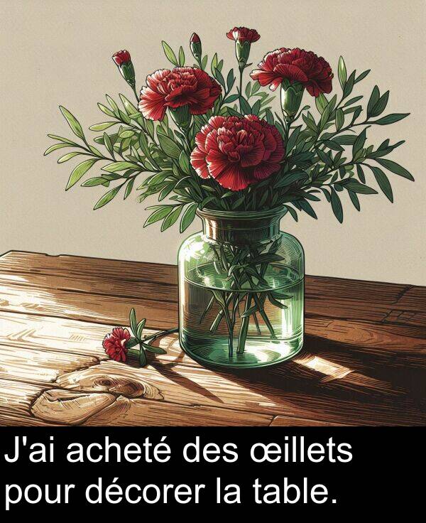 décorer: J'ai acheté des œillets pour décorer la table.