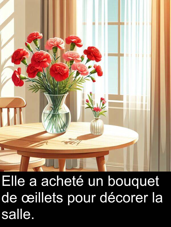 décorer: Elle a acheté un bouquet de œillets pour décorer la salle.