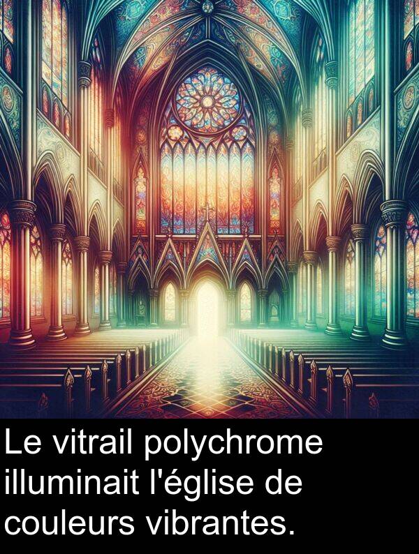 illuminait: Le vitrail polychrome illuminait l'église de couleurs vibrantes.