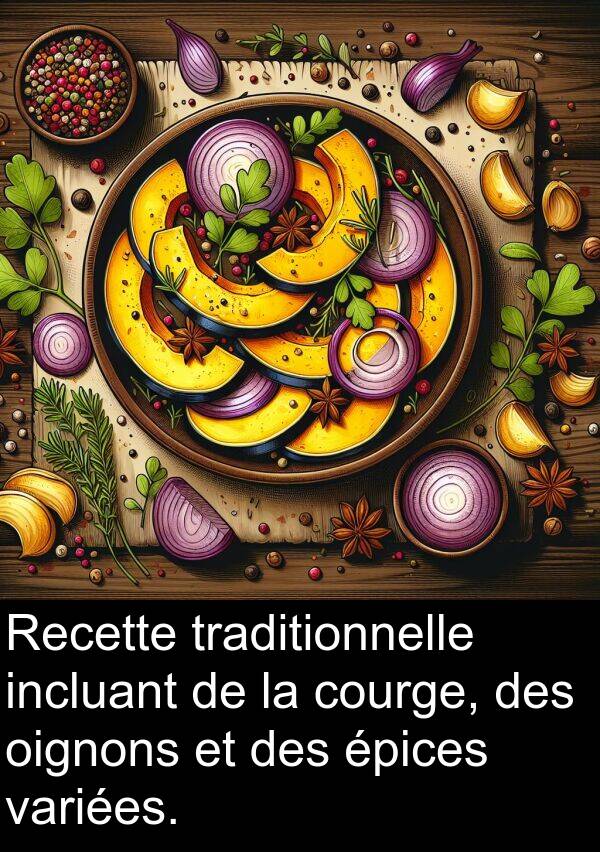 oignons: Recette traditionnelle incluant de la courge, des oignons et des épices variées.
