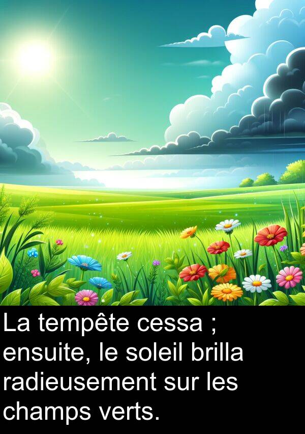 brilla: La tempête cessa ; ensuite, le soleil brilla radieusement sur les champs verts.