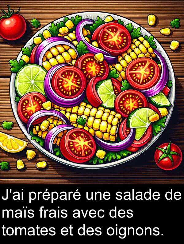 oignons: J'ai préparé une salade de maïs frais avec des tomates et des oignons.