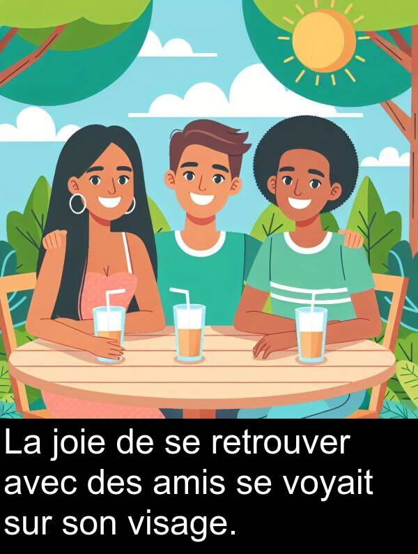 joie: La joie de se retrouver avec des amis se voyait sur son visage.