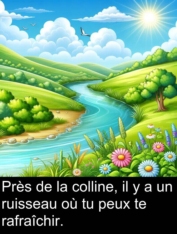 colline: Près de la colline, il y a un ruisseau où tu peux te rafraîchir.