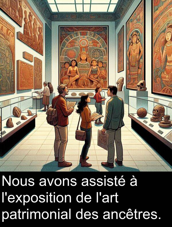 assisté: Nous avons assisté à l'exposition de l'art patrimonial des ancêtres.