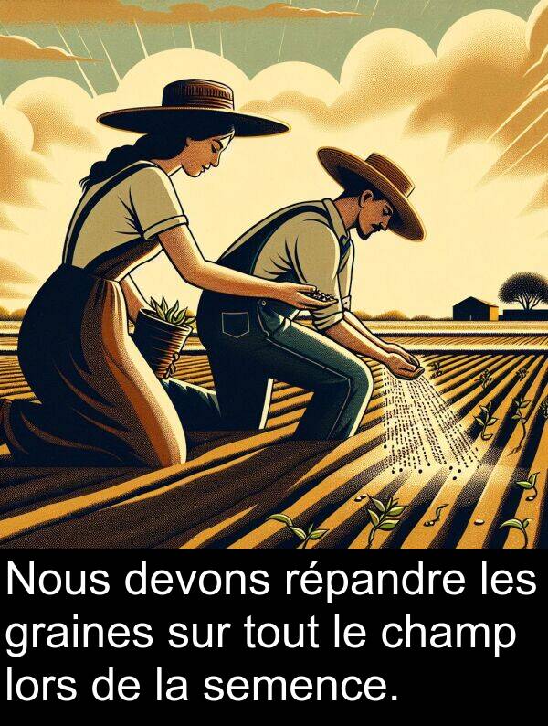 répandre: Nous devons répandre les graines sur tout le champ lors de la semence.