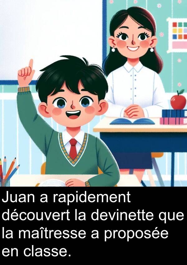 rapidement: Juan a rapidement découvert la devinette que la maîtresse a proposée en classe.