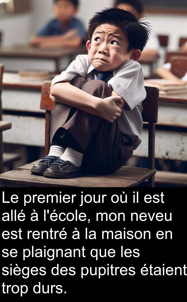 rentré: Le premier jour où il est allé à l'école, mon neveu est rentré à la maison en se plaignant que les sièges des pupitres étaient trop durs.