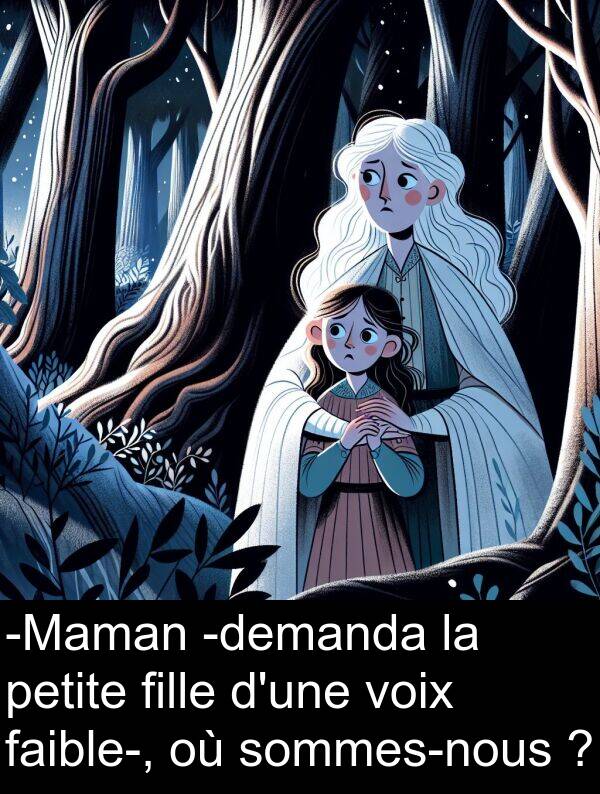 faible: -Maman -demanda la petite fille d'une voix faible-, où sommes-nous ?